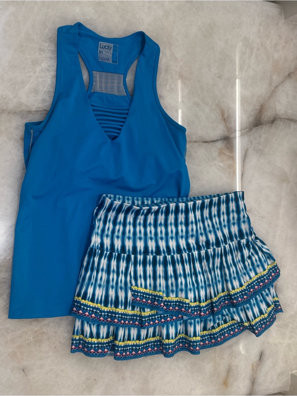 Lucky in Love Turquoise Racerback Tank with Blue Patterned Skort